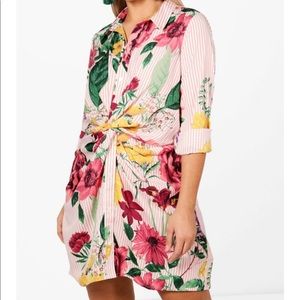 Stripe + Floral Twist Front Shirt Dress